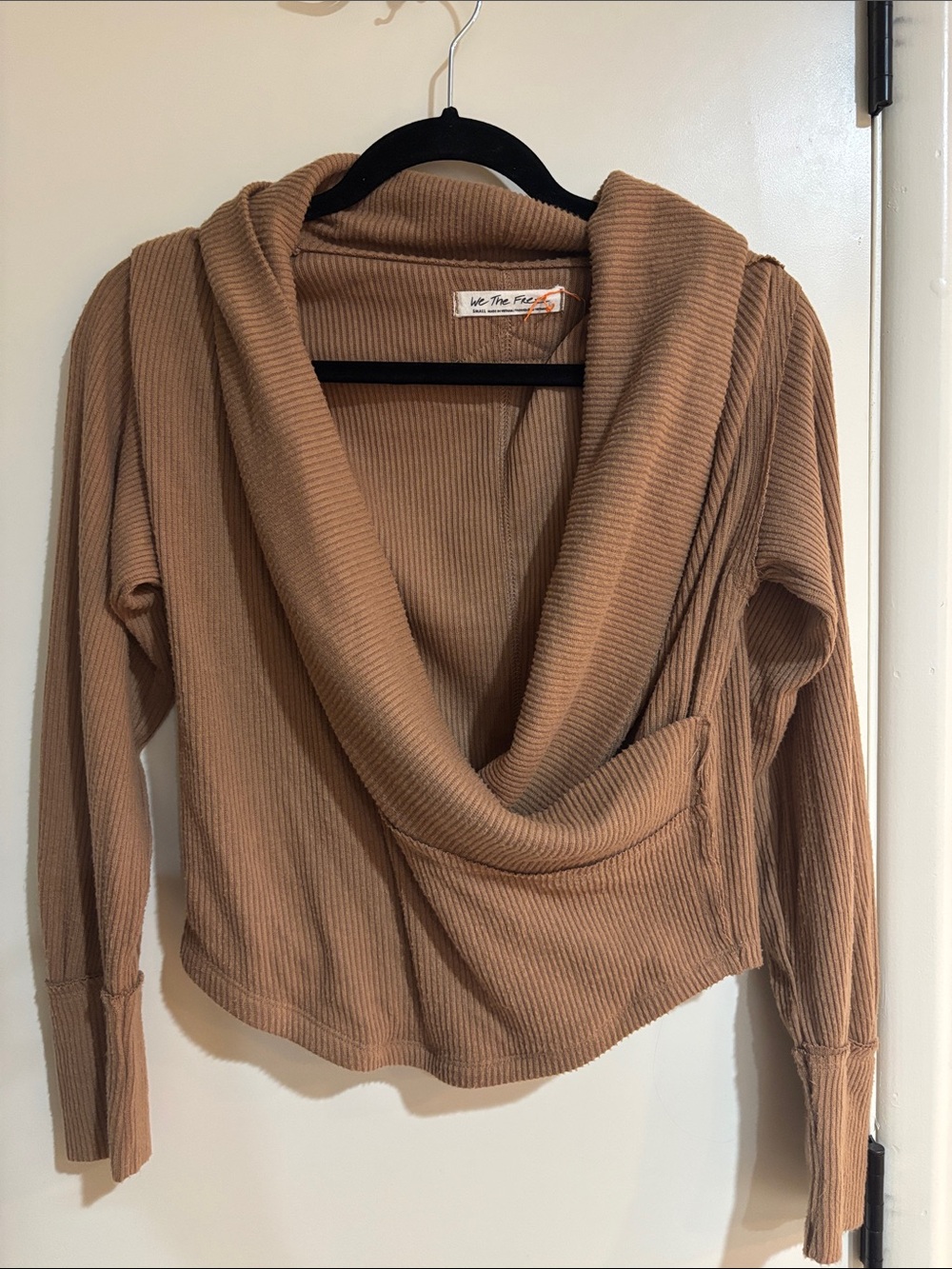 Free People Ribbed Cowl Neck Wrap Sweater - Camel Brown